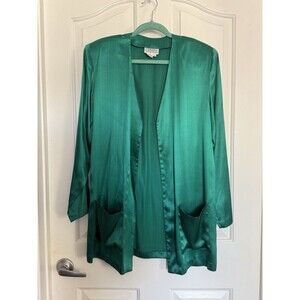 Vintage Ladybug Authentics Silk Teal Open Front Jacket Cardigan M 80’s/90’s